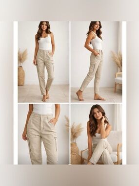 Vince Linen Blend Cargo Pants Tan High Rise Straight Leg Size 14